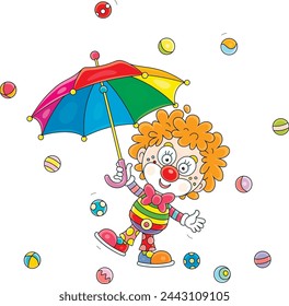 Funny curly-headed circus clown playing with a multi colored striped umbrella and colorful toy balls in a fun performance, black and white vector cartoon illustration for a coloring book