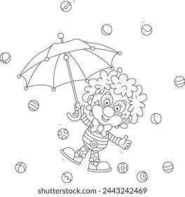 Funny curly-headed circus clown playing with a striped umbrella and toy balls in a fun performance, black and white vector cartoon illustration for a coloring book