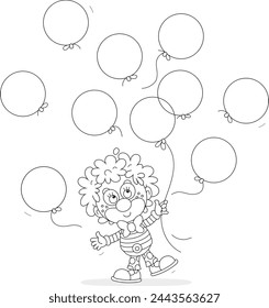 Funny curly-headed circus clown playing with holiday balloons in a fun performance, black and white vector cartoon illustration for a coloring book