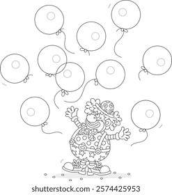 Funny curly-headed circus clown playing with holiday balloons in a fun performance, black and white vector cartoon illustration for a coloring book