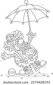 Funny curly-headed circus clown playing with a striped umbrella in a fun performance, black and white vector cartoon illustration for a coloring book