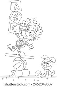 Funny curly-headed clown equilibrist playing with his small pup and balancing with children’s cubes on a colorful ball, board and cylinder in a fun circus performance, vector cartoon illustration