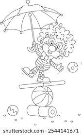 Engraçado palhaço encaracolado equilibrista com um guarda-chuva de brinquedo equilibrando em uma bola listrada, tabuleiro e cilindro em um divertido circo desempenho, preto e branco vetor desenho animado ilustração para um livro de colorir