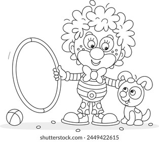 Funny curly-headed clown with a toy hoop playing with his cheerful small puppy in a fun circus performance, black and white vector cartoon illustration for a coloring book