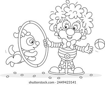 Funny curly-headed clown with a toy hoop playing with his cheerful small puppy in a fun circus performance, black and white vector cartoon illustration for a coloring book