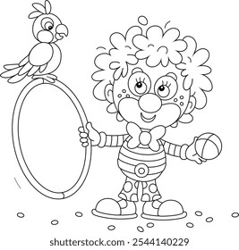 Palhaço encaracolado engraçado com um aro de brinquedo e uma bola brincando com seu papagaio em um divertido circo desempenho, preto e branco esboço vetor desenho animado ilustração para uma página de livro de colorir