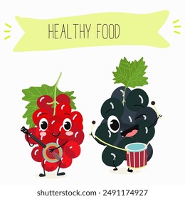 Divertido diseño de personaje de grosella. Cartel de frutas. Ilustración vectorial. 