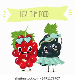 Funny currant character design. Fruit poster. Vector illustration. 