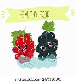 Funny currant character design. Fruit poster. Vector illustration. 