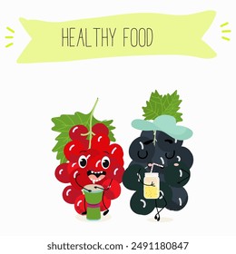 Divertido diseño de personaje de grosella. Cartel de frutas. Ilustración vectorial. 