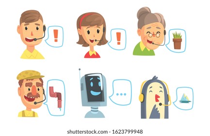 Funny Customers Support Phone Operators Set, Call Center Cartoon Characters with Headset Vector Illustration