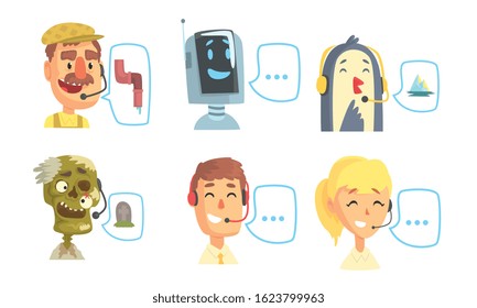 Funny Customers Support Phone Operators Set, Call Center Cartoon Characters with Headset Consulting People by Phone Vector Illustration