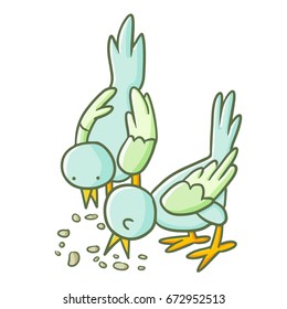 Funny and cute 2 little blue birds eating on the ground  - vector.