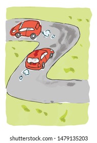 Funny and cute 2 red cars running on the road in water color style