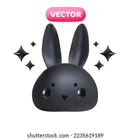 Funny and cute 3d vector black bunny head with sparkles around, isolated on white background