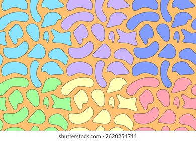 Funny and cute abstract seamless pattern resembling colorful pebbles in pastel tones on an orange background. Perfect for decorating summer clothing, wrapping paper, wallpaper, rug and bedding.