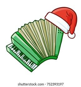 Funny and cute acordion wearing Santa's hat - vector.