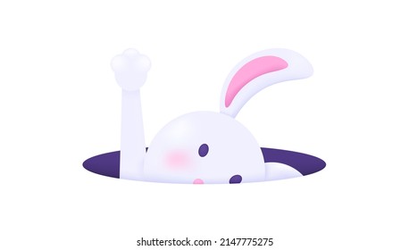a funny, cute, and adorable bunny emerges from the hole. waving rabbit. bunny hole. Happy Easter. animal. simple 3d illustration. concept design