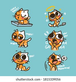 Funny Cute Adorable Kitten Doodle Sticker Illustration Set 2. Premium Vector