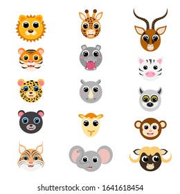 Funny cute african animal heads. Cartoon characters. Flat vector stock illustration on white background. Cute heads of giraffe, gazelle, elephant, hippo, jaguar, lion, monkey, camel, rhinoceros, zebra