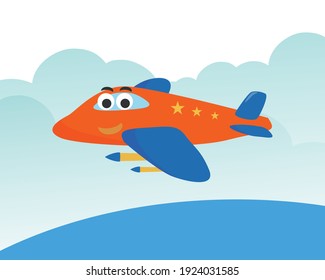 Funny cute airplane is flying in the air. Cartoon hand drawn vector illustration. Can be used for t-shirt printing, children wear fashion designs, baby shower invitation cards and other decoration. 