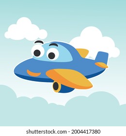 Funny cute airplane is flying in the air. Cartoon hand drawn vector illustration. Can be used for t-shirt printing, children wear fashion designs, baby shower invitation cards and other decoration. 