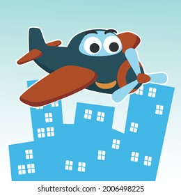 Funny cute airplane is flying in the air. Cartoon hand drawn vector illustration. Can be used for t-shirt printing, children wear fashion designs, baby shower invitation cards and other decoration. 