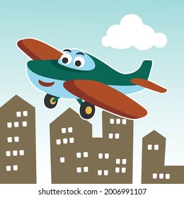 Funny cute airplane is flying in the air. Cartoon hand drawn vector illustration. Can be used for t-shirt printing, children wear fashion designs, baby shower invitation cards and other decoration. 