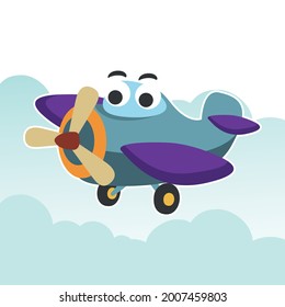 Funny cute airplane is flying in the air. Cartoon hand drawn vector illustration. Can be used for t-shirt printing, children wear fashion designs, baby shower invitation cards and other decoration. 