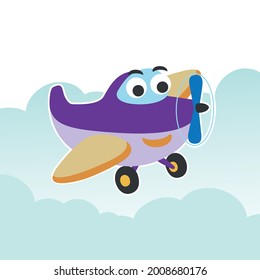 Funny cute airplane is flying in the air. Cartoon hand drawn vector illustration. Can be used for t-shirt printing, children wear fashion designs, baby shower invitation cards and other decoration. 