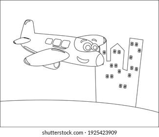 Un gracioso avión lindo vuela en el cielo. Ilustración vectorial aislada de dibujos animados, Diseño infantil vector creativo para la actividad infantil libro o página de coloración.