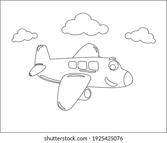 Funny cute airplane is flying in the sky. Cartoon isolated vector illustration, Creative vector Childish design for kids activity colouring book or page.