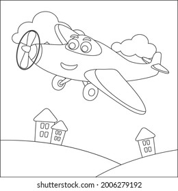 Funny cute airplane is flying in the sky. Cartoon isolated vector illustration, Creative vector Childish design for kids activity colouring book or page.