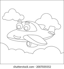 Funny cute airplane is flying in the sky. Cartoon isolated vector illustration, Creative vector Childish design for kids activity colouring book or page.