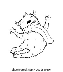 Funny cute alien monster with horns jumping, adorable monochrome character for kids activity coloring book. Imaginary creature with tongue sticking out. Black and white outline coloring page.