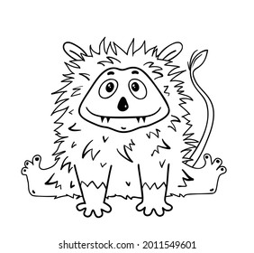 Funny cute alien monster sitting, fluffy and hairy monochrome character for kids activity book. Imaginary creature for children coloring pages. Black and white outline fantasy cartoon.