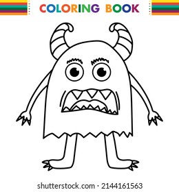 Funny and cute Alien monster with three eyes for kids. Imaginary creature for children coloring book, black and white outline fantasy cartoon for coloring pages.