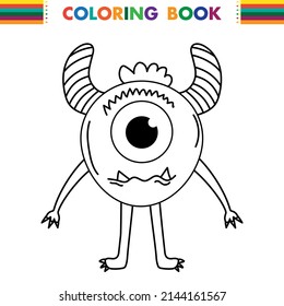 Funny and cute Alien monster with three eyes for kids. Imaginary creature for children coloring book, black and white outline fantasy cartoon for coloring pages.