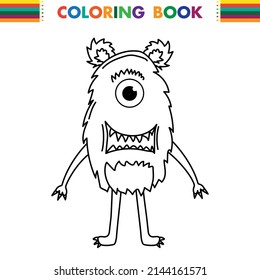 Funny and cute Alien monster with three eyes for kids. Imaginary creature for children coloring book, black and white outline fantasy cartoon for coloring pages.