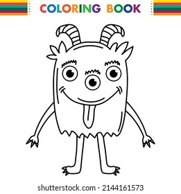 Funny and cute Alien monster with three eyes for kids. Imaginary creature for children coloring book, black and white outline fantasy cartoon for coloring pages.