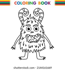 Funny and cute Alien monster with three eyes for kids. Imaginary creature for children coloring book, black and white outline fantasy cartoon for coloring pages.