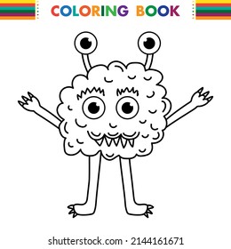 Funny and cute Alien monster with three eyes for kids. Imaginary creature for children coloring book, black and white outline fantasy cartoon for coloring pages.