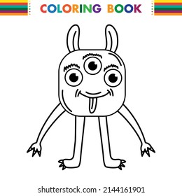 Funny and cute Alien monster with three eyes for kids. Imaginary creature for children coloring book, black and white outline fantasy cartoon for coloring pages.