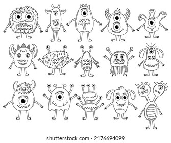 Funny and cute Alien monster with three eyes for kids. Imaginary creature for children coloring book, black and white outline fantasy cartoon for coloring pages.