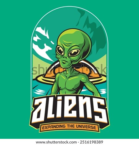 Funny Cute Alien UFO Expanding the Universe in Hand Drawn Vector Cartoon Illustration Design for sticker, badge, patch, banner, greeting card, invitation