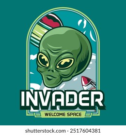 Funny Cute Alien UFO Invader Welcome Space in Hand Drawn Vector Cartoon Illustration Design for sticker, badge, patch, banner, greeting card, invitation