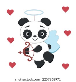  Funny cute amorous panda with wings and a bow. Vector illustration for valentine's day or wedding card.