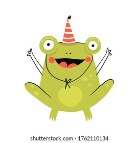 Funny cute amusing and silly frog wearing party hat, cute smiling happy animal for children. Happy Birthday card congratulating frog hand drawn doodle design. Vector kids cartoon illustration.