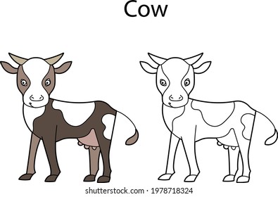Funny cute animal cow  isolated on white background. Linear, contour, black and white and colored version. Illustration can be used for coloring book and pictures for children