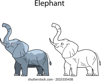 Funny cute animal elephant isolated on white background. Linear, contour, black and white and colored version. Illustration can be used for coloring book and pictures for children